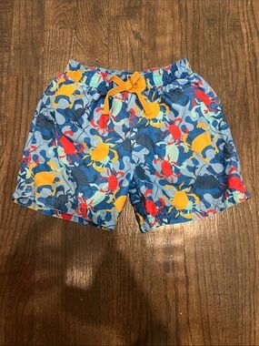 Kids Blue Crab-Print Swim Shorts with Yellow Drawstring